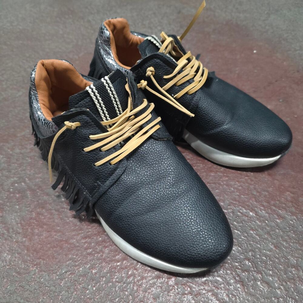 Shu Shop Pepa Women 7.5 Black Faux Leather Shoes Fringe Sneakers Lace Up western